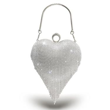 Imagem de CZWLWYXB Bolsa clutch feminina em forma de coração com strass brilhante para casamentos, formaturas, coquetéis, Prata