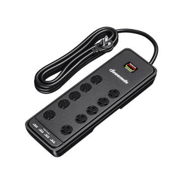 Imagem de DEWENWILS Tira de energia protetora contra surtos de 10 saídas com 4 portas USB, cabo de extensão de 15 pés de comprimento, plugue plano de ângulo reto, disjuntor de circuito 2480J de 15 amp, montável na parede, listado em UL
