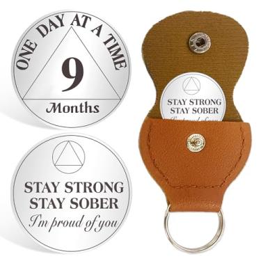 Imagem de Moeda tripla de sobriedade de 9 meses com suporte de couro - Moedas AA numeral romano de recuperação de nove meses - 1-12 Moedas de sobriedade Prime - Presentes de token de alcoólicos anônimos de 270
