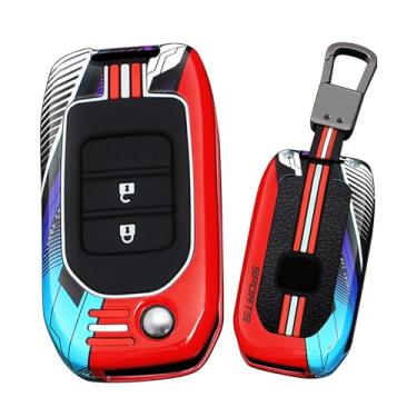 Imagem de HIBEYO Capa Flip Key Fob compatível com Honda GREIZ Civic City XRV Vezel Civic CR-V HR-V Accord Jade Crider Odyssey Acessórios Metal Painted Sports Style Key Shell com chaveiros - 2 botões vermelhos