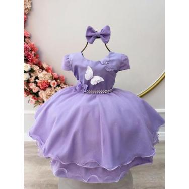 Imagem de Vestido Infantil Lilás C/ Aplique Borboletas Laço e Pérolas - jeito de