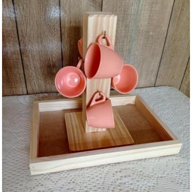 Imagem de Kit mancebo porta xícaras e bandeja pinus cantinho do café  - Leal art