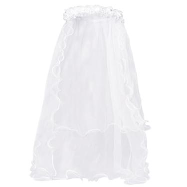 Imagem de Lystaii Véu de flor de strass para meninas, primeira comunhão, guirlanda de cabelo, coroa floral, véu de renda de cristal, véu de primeira comunhão, véu com pente branco para festa de casamento