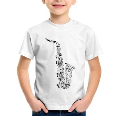 Imagem de Camiseta Infantil Saxofone Notas Musicais - Foca na Moda, Branco, 14