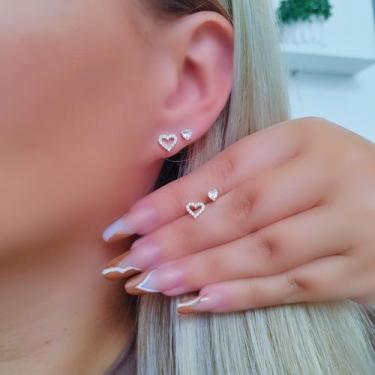 Imagem de Dupla de Brincos Folheados a Prata  Zircônia Coração e Coração Vazado 