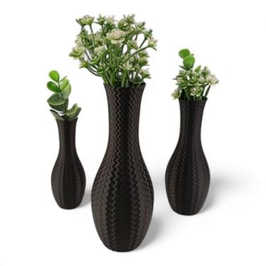 Imagem de Conjunto de 3 Vasos Decorativos com Padrão Chevron, Roxo e Dourado, 18cm/15cm/12cm Altura (Preto)