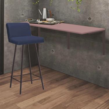 Imagem de Kit Mesa Suspensa de Parede Fixa mdf Rosa + 1 Banqueta Lexi Ferro Marrom Suede Azul Marinho - Ahazzo Móveis