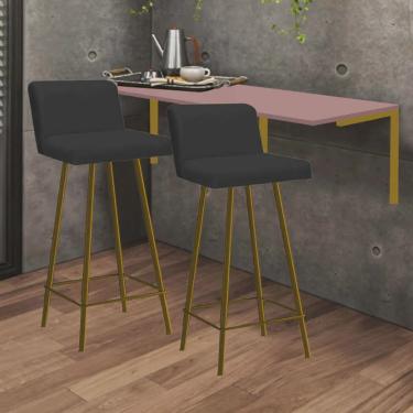 Imagem de Kit Mesa Suspensa de Parede Fixa mdf Rosa + 2 Banquetas Lexi Ferro Dourado Suede Preto - Ahazzo Móveis