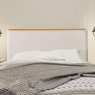 Imagem de Cabeceira Cama Box King Estofada Detalhe em Madeira Java Linho Crú