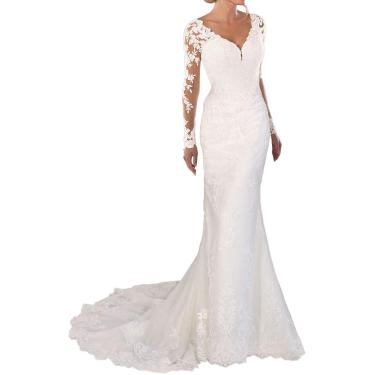 Imagem de Vestido De Noiva De Renda Decote V Vestido De Moda Nupcial Com Mangas, Branco, White, 50