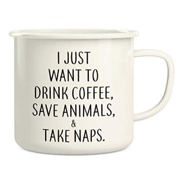 Imagem de Retreez Caneca de café Just Want to Drink Coffee, Save Animals & Take Naps 473 g esmaltada de aço inoxidável para acampamento fogueira - Presentes de aniversário engraçados, sarcásticos e inspiradores