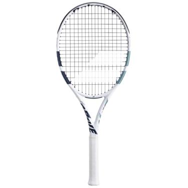 Imagem de Babolat Raquete de tênis Evo Drive Lite 2ª geração, branca - amarrada com estripa preta Syn de 16 g na tensão média (aderência de 11 cm)
