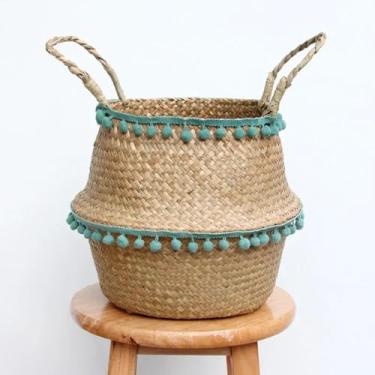 Imagem de PY3H69 Cesta de armazenamento de algas marinhas cesta de lavanderia de renda cesta de flores de vime natural organizador de brinquedos de palha preto e branco (verde, 32 x 28 cm)