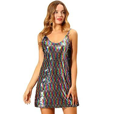 Imagem de Allegra K Vestido feminino de lantejoulas com glitter, alças finas, gola V, festa, coquetel, brilhante, minivestido para balada, Arco-íris, P