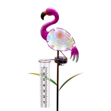 Imagem de Medidor de chuva flamingo ao ar livre, estaca solar de jardim para quintal com luzes LED e copo medidor de plástico, medidor de chuva sem fio, medidor de água decorativo ao ar livre para chuva para