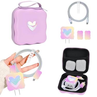 Imagem de CameCosy Conjunto de armazenamento de capa carregador de telefone faça você mesmo, protetor de cabos, protetor de fio para fone de ouvido com bolsa de armazenamento de viagem de onda roxa, protetor de