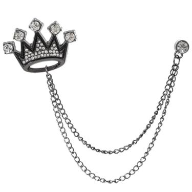 Imagem de coadipress Coroa com corrente suspensa broche para mulheres homens elegantes cavalheiros ouro prata cristal coroa lapela broche vintage strass casamento terno camisa pin acessórios, Middle, Liga de
