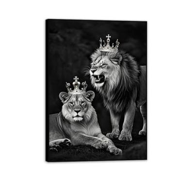 Imagem de Rei Leão Impressão em Tela Preto e Branco Arte de Parede Leão e Leoa com Coroa Rei Rainha Pintura Animal Decoração 55x40 cm Moldura Preta