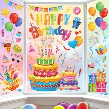 Imagem de decalmile Feliz aniversário dupla face adesivos coloridos bolo de aniversário balão presente portas de vidro adesivos de janela decalques suprimentos de festa