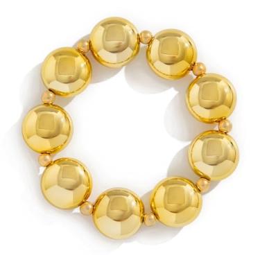 Imagem de PINK TOWN Pulseiras grossas de contas de ouro, pulseira elástica com contas redondas grandes vintage punk metal stretch pulseiras ajustáveis joias modernas para mulheres, Large, Plástico, Sem Pedra