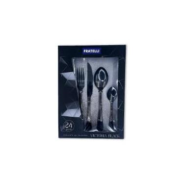 Imagem de Faqueiro Black, 24 Peças, Aço Inox, Talheres Pretos, 6 Garfos 21cm, 6 Facas 23cm, 6 Colheres 21cm, 6 Colheres de Chá 15cm