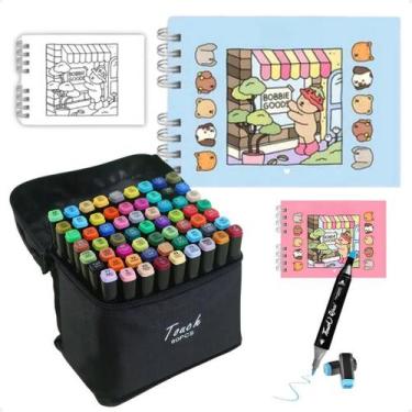 Imagem de Kit Caderno + Canetinhas Bobbie Goods Ponta Dupla 60 - Azul - Colorir