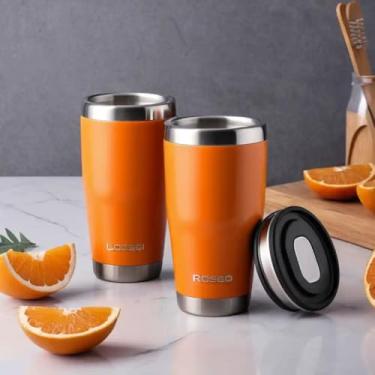 Imagem de Copo Térmico Parede Dupla em Aço Inox Laranja 350ml com Tampa Rosqueável - Estilo Texturizado
