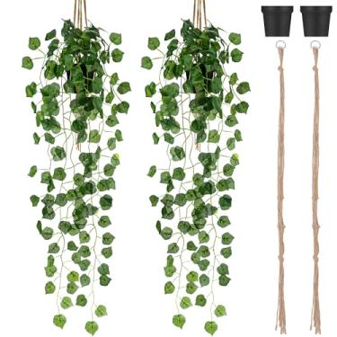 Imagem de Folmywy Pacote com 2 plantas artificiais penduradas, videiras com vaso, vegetação falsa, plantas, folhas de uva, decoração de folhas de uva, para casa, interior, exterior, sala de estar, prateleira