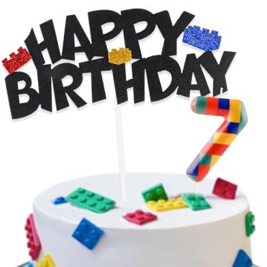 Imagem de Building Block Cake Decorations with Happy 7th Birthday Cake Toppers and Birthday Candles Number 7, Building Block Birthday Party Deco for Kids