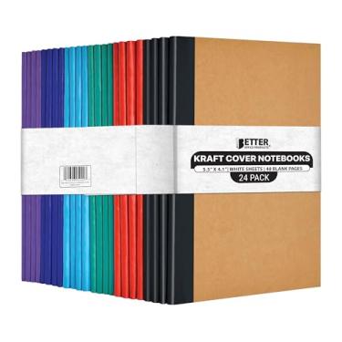 Imagem de 24 Pack Small Kraft Notebooks, 4.1 in x 5.5 in, 120gsm, 48 Heavyweight Unlined Blank White Pages, Assorted Vibrant Color Spines, by Better Office Products, Soft Cover Mini Notebooks, Art Sketchbooks