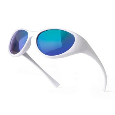 Imagem de Laurinny Óculos de sol Y2K Wrap Around Rave para homens e mulheres moderno ovais futuristas óculos de sol modernos óculos de sol esportivos, Branco/Verde, 140mm