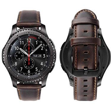 Imagem de iBazal Pulseira de couro genuíno de 22 mm compatível com Samsung Galaxy Watch 3 de 45 mm Galaxy Watch 46 mm Gear S3 Frontier/Classic com fecho preto pulseira de substituição SM-R760/Pebble Time masculino e feminino - café