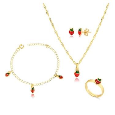 Imagem de Kit Conjunto Infantil de Colar, Pingente, Brinco, Pulseira e Anel Regulável Dourado e Detalhe Moranguinho em Resina