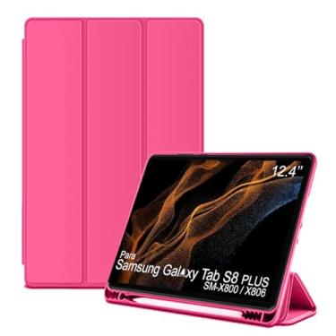 Imagem de Capa Tablet flip para Samsung Galaxy Tab S8+ PLUS SM-X800 SM-X806 Smart pen 12.4 polegadas resistente aveludada compatimento caneta Case capinha Anti Impacto Suporte Pencil - Alamo (rosa escuro)