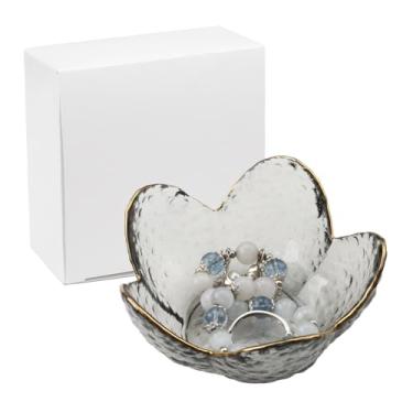 Imagem de Roucerlin Suporte de anel de flor de vidro, prato de joias com caixa, bandeja decorativa cinza, bandeja de joias feminina, bandeja de anel para brincos, colares, pulseira decorativa (cinza)