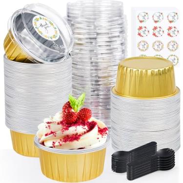 Imagem de Copos redondos de alumínio para assar com tampas, copos descartáveis ZOXILEN de 142 g com tampas, mini recipientes de ramequins de folha de queijo, forros de cupcake brulee para festa de aniversário