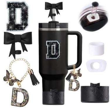 Imagem de Conjunto de 6 peças de acessórios para copos Stanley Pretos, Topper de canudo com laço para Stanley Cup 850 g 1,134 g, incluindo cobertura de palha e bota de silicone com laço, tampas à prova de