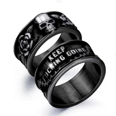 Imagem de Anéis de crânio gótico vintage para homens e mulheres, anel de pôquer de ônix preto de aço inoxidável, esqueleto, prata, anel de motociclista, Metal, Sem pedra preciosa