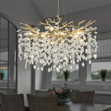 Imagem de EWIMXSVC Lustres de cristal modernos para sala de jantar, lustre de ramo de árvore dourado de 61 cm, 8 luzes, cozinha, ilha, iluminação, redondo, sala de jantar, lustre sobre mesa, lustre em relevo