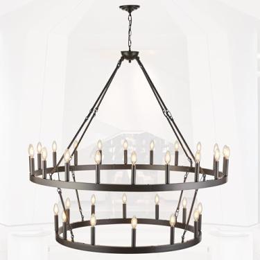 Imagem de HQZBPT Lustre rústico de roda de vagão de fazenda lustres grandes bronze polido a óleo para tetos altos iluminação de mesa de cozinha 2 níveis 32 luzes 120 polegadas para sala de jantar cozinha ilha