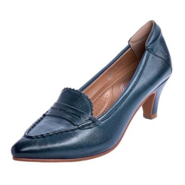 Imagem de Mona flying Sapatos Femininos De Couro, Salto Médio, Bico Fino, Social, Azul Escuro, Para Escritório