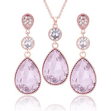 Imagem de Qinpan 18 * 13 mm pingente de cristal gota gota pingente pingente colar e brincos conjunto de joias para mulheres fantasia banhado a ouro, 38*14.5mm, Ouro rosa, Cristal