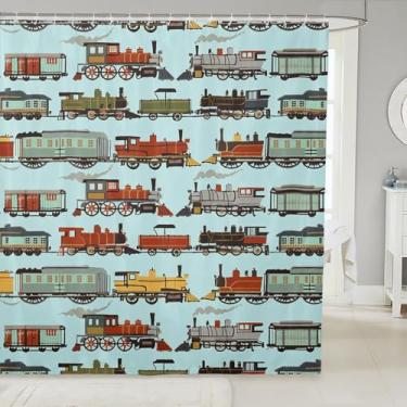 Imagem de Manfei Cortinas de chuveiro infantis de trem de desenho animado, cortinas de banheiro retrô com motor a vapor para meninos e meninas, cortinas à prova d'água boho, transporte ferroviário