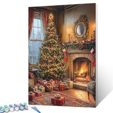 Imagem de Kit de pintura de árvores de Natal por números para adultos, iniciantes, estudantes, meninos e meninas, presentes de lareira para véspera de Natal, pintura a óleo em tela, tintas acrílicas, presente