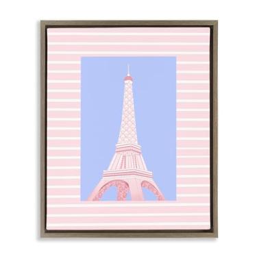 Imagem de Stupell Industries Torre Eiffel sobre listras rosas, marrom, moldura flutuante, arte de parede, design por Pooja Dave, 78 x 63 cm