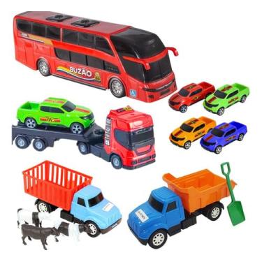 Imagem de Kit Brinquedos Caminhões Reboque Onibus Carrinhos Fazendinha