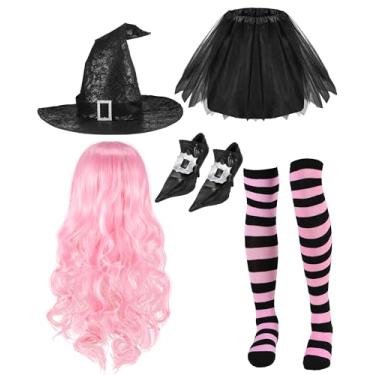 Imagem de Panitay Fantasia feminina cosplay de bruxa de Halloween, chapéu de bruxa, saia tutu listrada, meia-calça encaracolada, capas de sapato, Preto, rosa, One Size, One Size, One Size, One Size, One Size