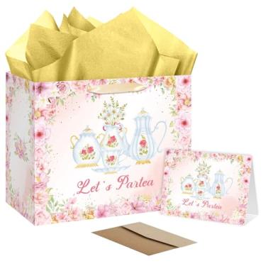 Imagem de EIGHTSTATES Saco de presente de festa de chá rosa - Saco de presente de aniversário floral Let's Partea com cartão e papel de seda para meninas e crianças - Sacos grandes de lembrancinhas de chá para