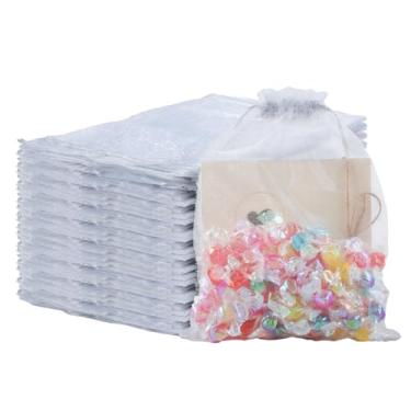 Imagem de Mstar Pack 100 sacos de organza, organza cinza transparente, lembrancinha de casamento com cordão, bolsa de presente de joias para festa, joias, sabonetes de banheiro (cinza, 15 x 20 cm)