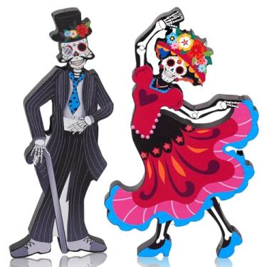 Imagem de HOWAF 2 peças de estatuetas de Dia dos Mortos Decorações Esqueleto Noiva e Noivo, Dia De Los Muertos Presentes Fantasma De Madeira Noivo Placa Caveira Topo de Mesa para Alter Halloween Home Office